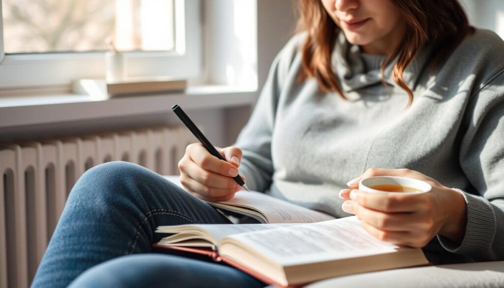Pessoa refletindo enquanto faz anotações em um caderno sobre limites profissionais Pessoa refletindo enquanto faz anotações em um caderno sobre limites profissionais