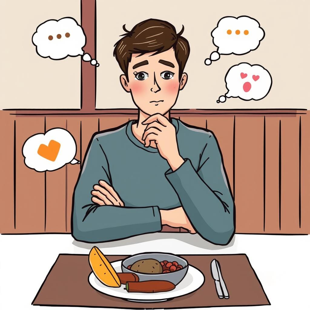 Pessoa refletindo sobre suas emoções antes de comer, praticando Mindfulness na Alimentação