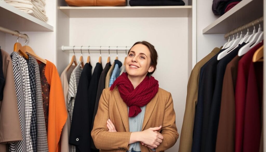 Pessoa relaxada escolhendo roupa em um guarda-roupa consciente bem organizado Pessoa relaxada escolhendo roupa em um guarda-roupa consciente bem organizado