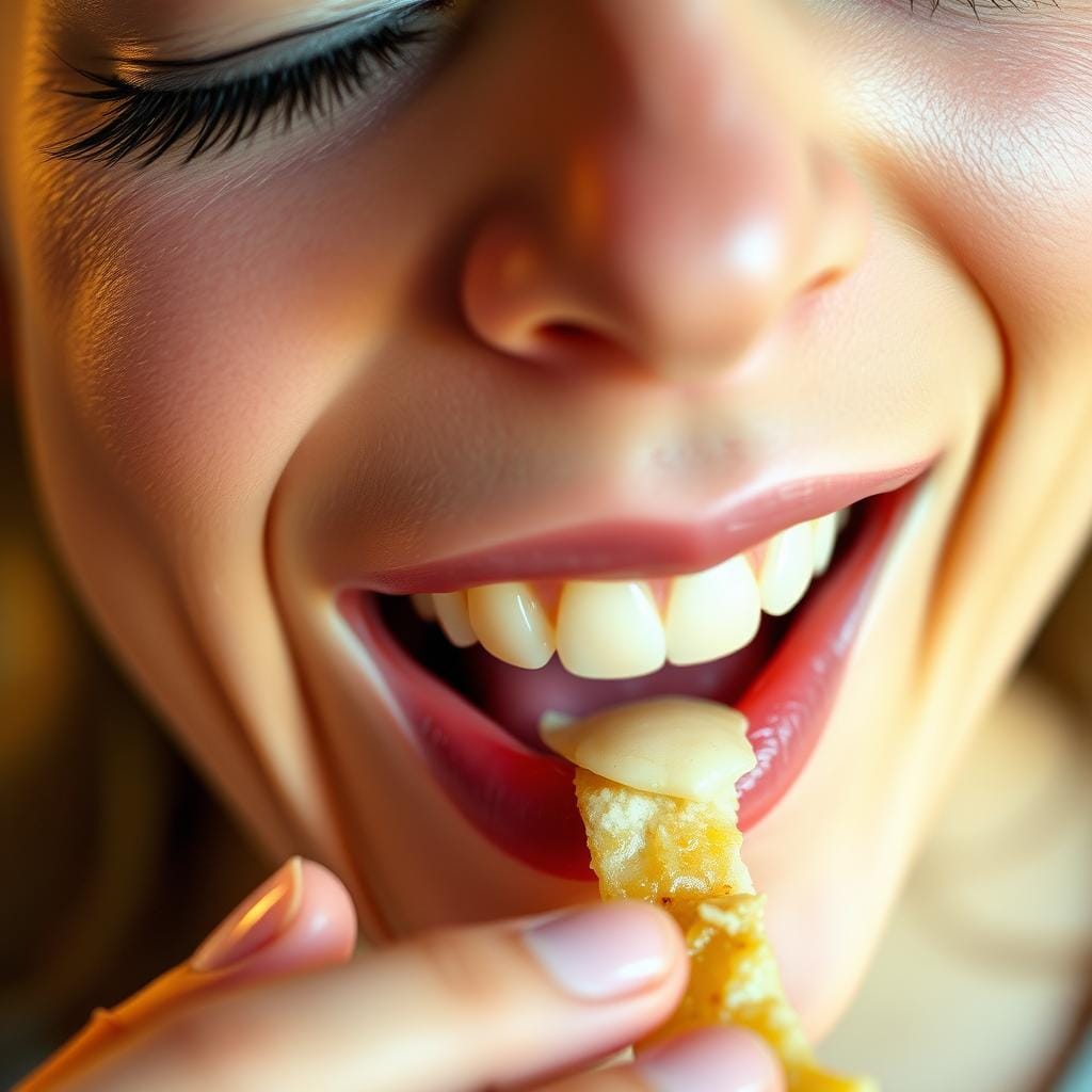 Pessoa saboreando alimento com expressão de prazer, demonstrando os benefícios do Mindfulness na Alimentação