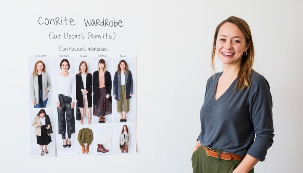 Pessoa satisfeita com seu guarda-roupa consciente mostrando suas combinações favoritas Pessoa satisfeita com seu guarda-roupa consciente mostrando suas combinações favoritas