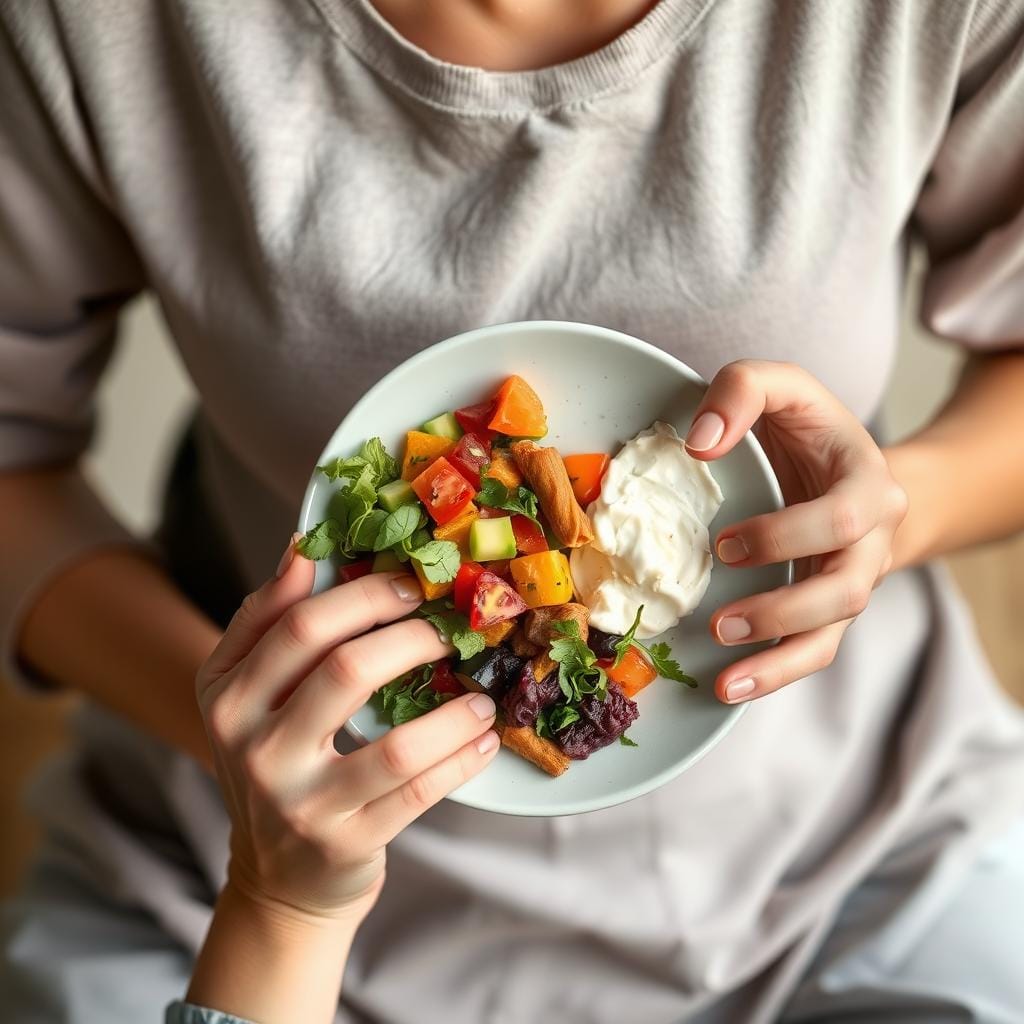 Pessoa servindo uma porção equilibrada de alimentos, demonstrando controle natural através do Mindfulness na Alimentação
