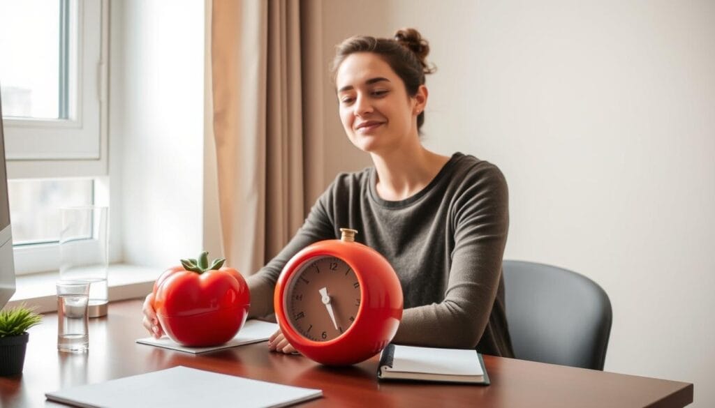 Pessoa utilizando a Técnica Pomodoro Adaptada para o Bem-estar com um cronômetro e planta ao lado