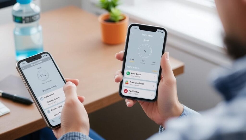 Pessoa utilizando aplicativo de Técnica Pomodoro Adaptada para o Bem-estar em smartphone