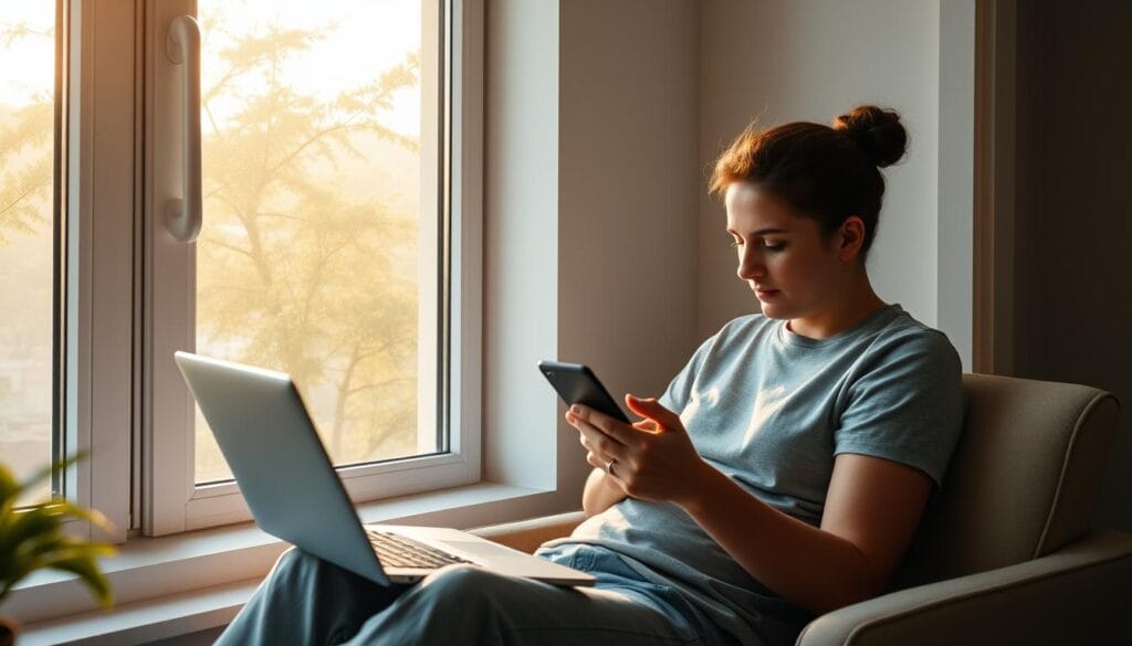 Pessoa verificando calmamente e-mails pela manhã como parte da exposição gradual à ansiedade matinal