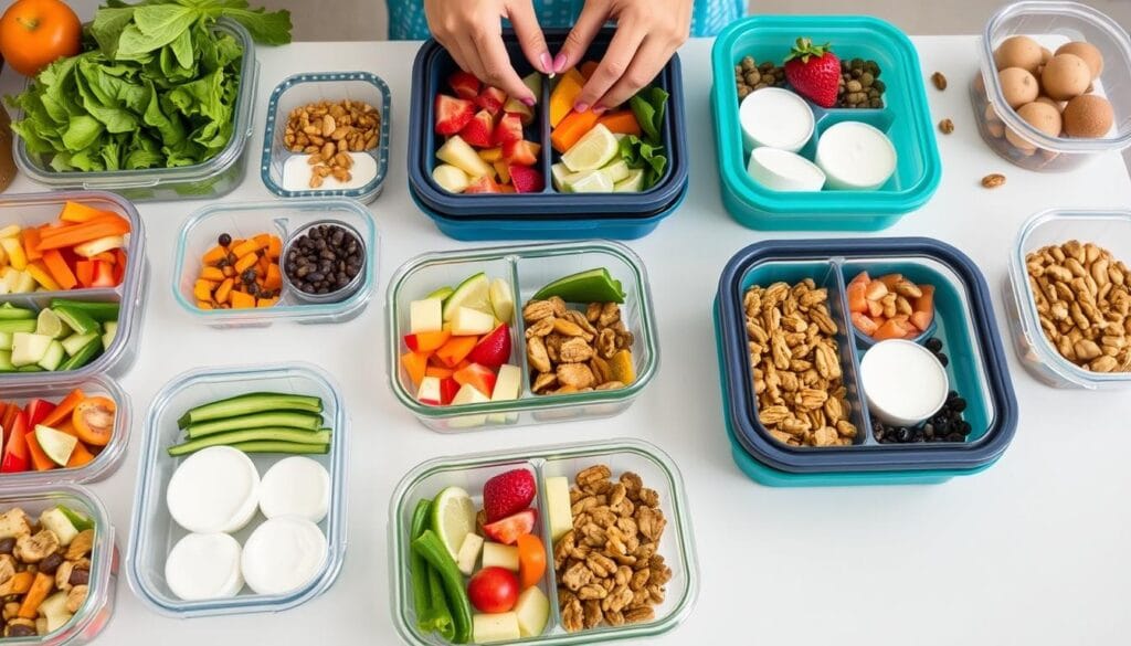 Preparação de lanches saudáveis para levar para a semana, organizados em recipientes Preparação de lanches saudáveis para levar para a semana, organizados em recipientes