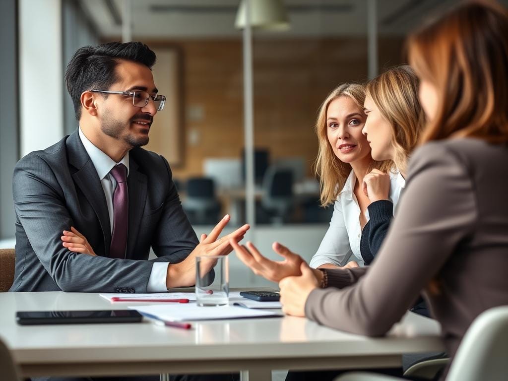 Profissional em reunião demonstrando comunicação assertiva com colegas Profissional em reunião demonstrando comunicação assertiva com colegas