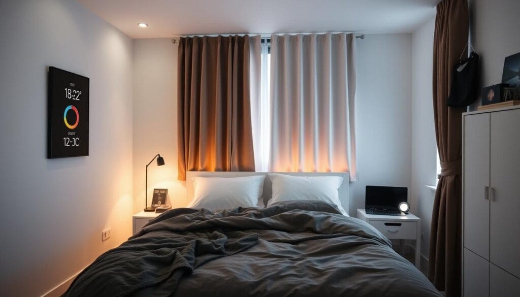 Quarto escuro, silencioso e com temperatura agradável, ideal para a higiene do sono Quarto escuro, silencioso e com temperatura agradável, ideal para a higiene do sono