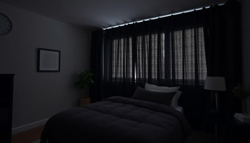 Quarto escuro, silencioso e com temperatura agradável, ideal para higiene do sono Quarto escuro, silencioso e com temperatura agradável, ideal para higiene do sono