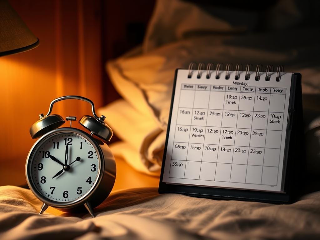Relógio despertador mostrando horário regular de dormir, ao lado de um calendário com rotina de sono marcada Relógio despertador mostrando horário regular de dormir, ao lado de um calendário com rotina de sono marcada