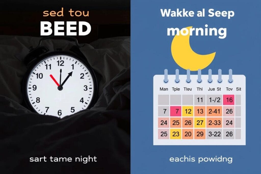 Relógio mostrando horário regular de sono, com uma pessoa mantendo rotina consistente de sono Relógio mostrando horário regular de sono, com uma pessoa mantendo rotina consistente de sono