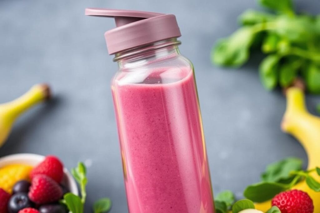 Smoothie proteico em garrafa portátil, um dos lanches saudáveis para levar mais refrescantes Smoothie proteico em garrafa portátil, um dos lanches saudáveis para levar mais refrescantes
