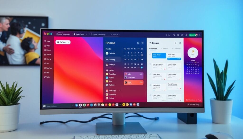 Tela de computador mostrando aplicativos de gestão de tempo e produtividade Tela de computador mostrando aplicativos de gestão de tempo e produtividade