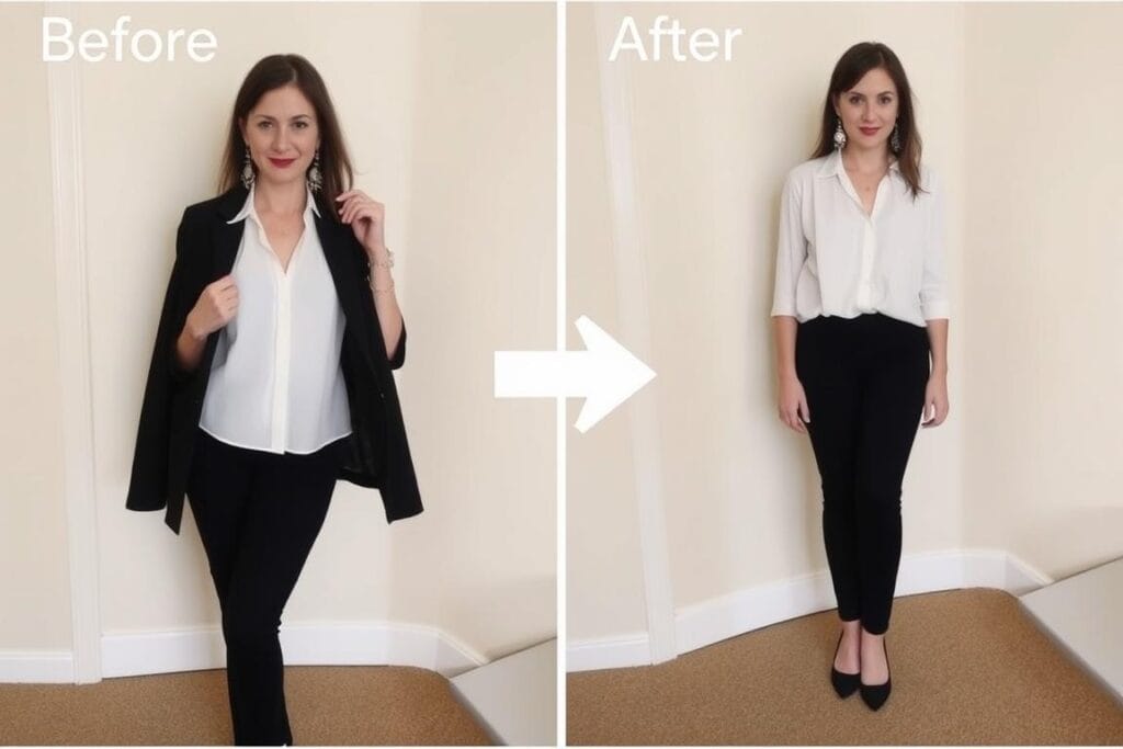 Transformação de look do trabalho para happy hour com pequenas mudanças Transformação de look do trabalho para happy hour com pequenas mudanças