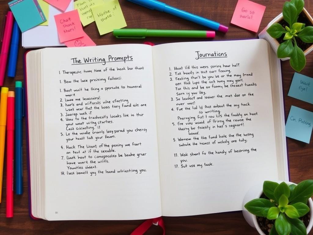 Caderno aberto com exemplos de journaling terapêutico mostrando prompts e reflexões emocionais