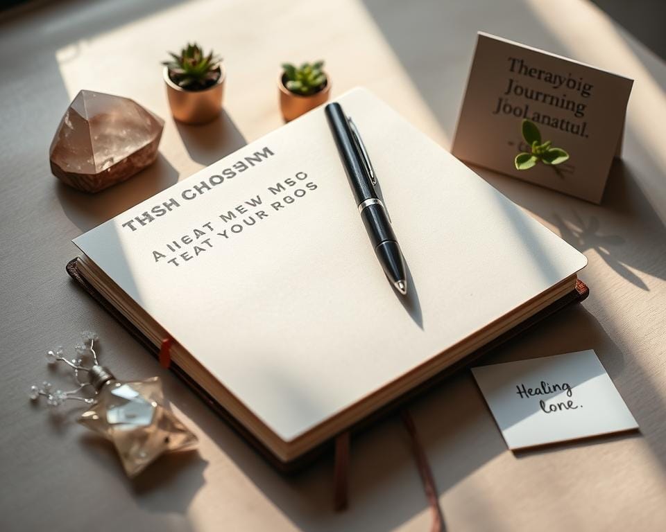 Caderno de journaling com caneta e pequenos objetos inspiradores simbolizando a jornada de cura emocional