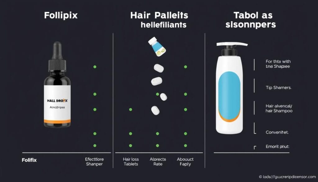 Comparação visual entre diferentes formatos de tratamentos capilares: Folifix em gotas, comprimidos e xampus