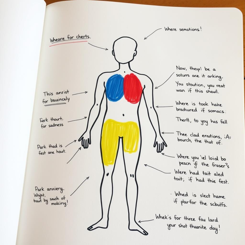 Desenho de silhueta humana com áreas coloridas representando onde diferentes emoções são sentidas no corpo durante o journaling terapêutico