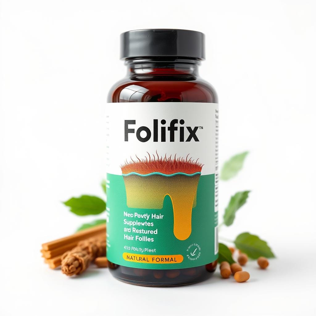 Frasco de Folifix com ilustração de folículos capilares restaurados