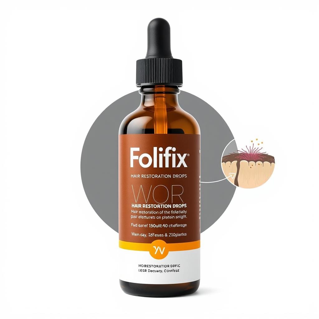 Frasco de Folifix restauração capilar em gotas com ilustração mostrando a ação nos folículos capilares