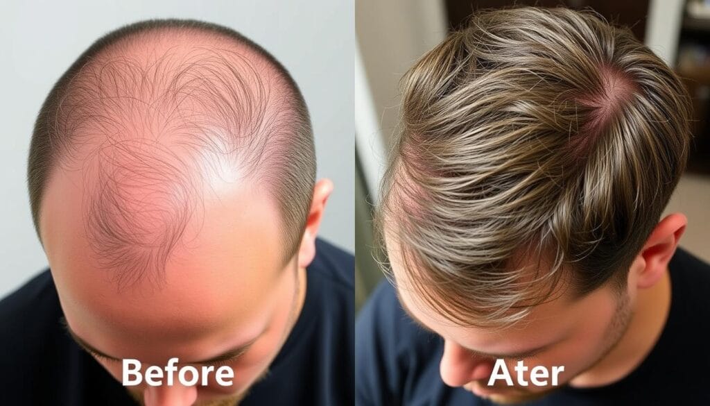 Homem mostrando resultados antes e depois do uso do Folifix restauração capilar com crescimento visível