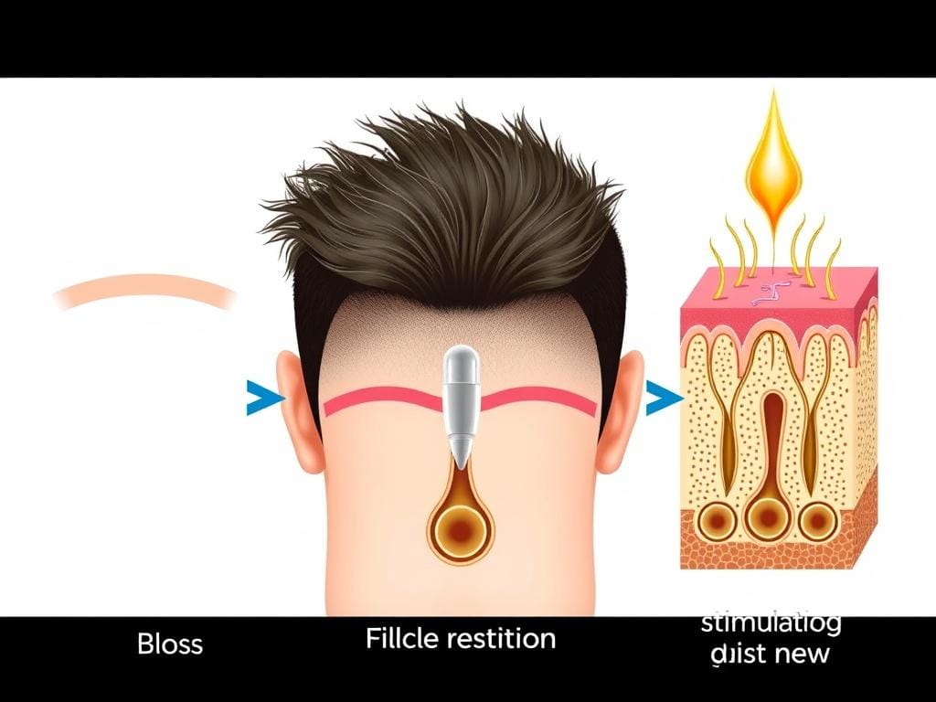 Ilustração científica do processo de restauração capilar com Folifix mostrando as três etapas de ação