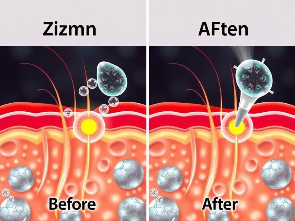 Ilustração científica mostrando a ação do Zinco nos folículos capilares