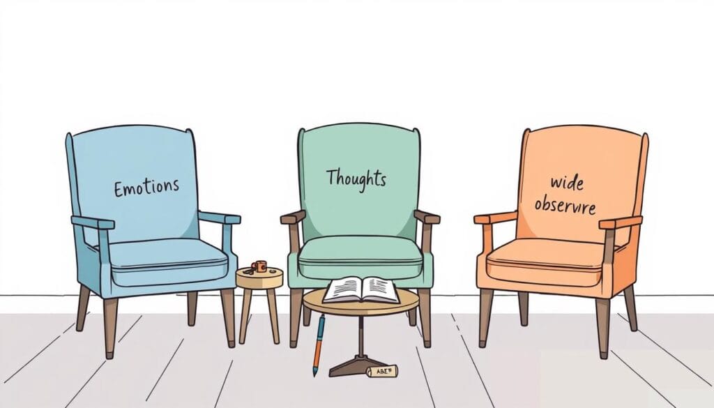 Ilustração conceitual de três cadeiras representando diferentes perspectivas no exercício de journaling terapêutico