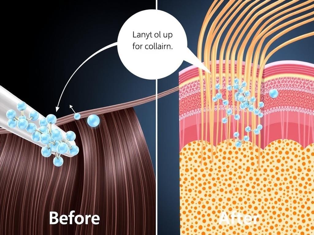 Ilustração da ação do Colágeno na estrutura dos fios de cabelo