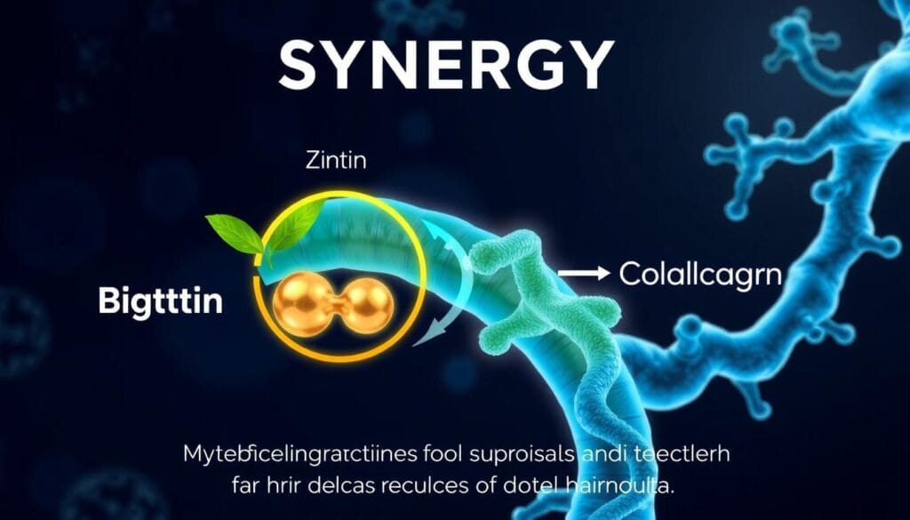 Ilustração da sinergia entre Biotina, Zinco e Colágeno no Folifix