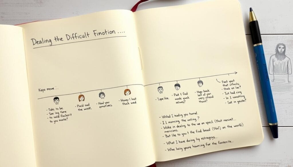 Linha do tempo desenhada em um caderno de journaling mostrando a progressão de uma emoção difícil até sua superação