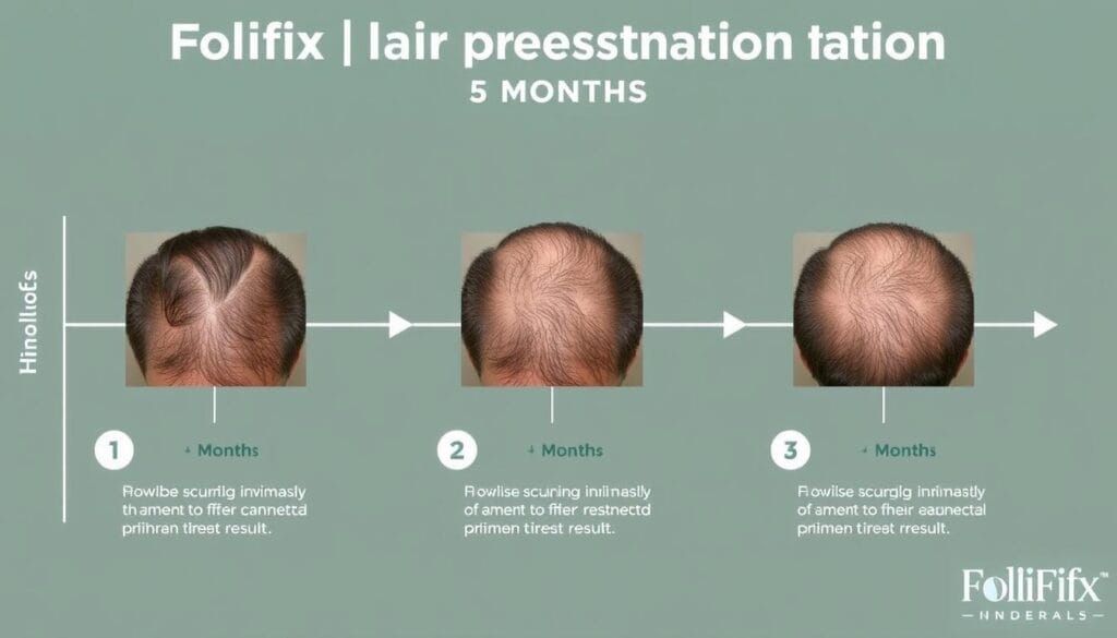 Linha do tempo mostrando a evolução dos resultados com o uso do Folifix restauração capilar ao longo de 5 meses