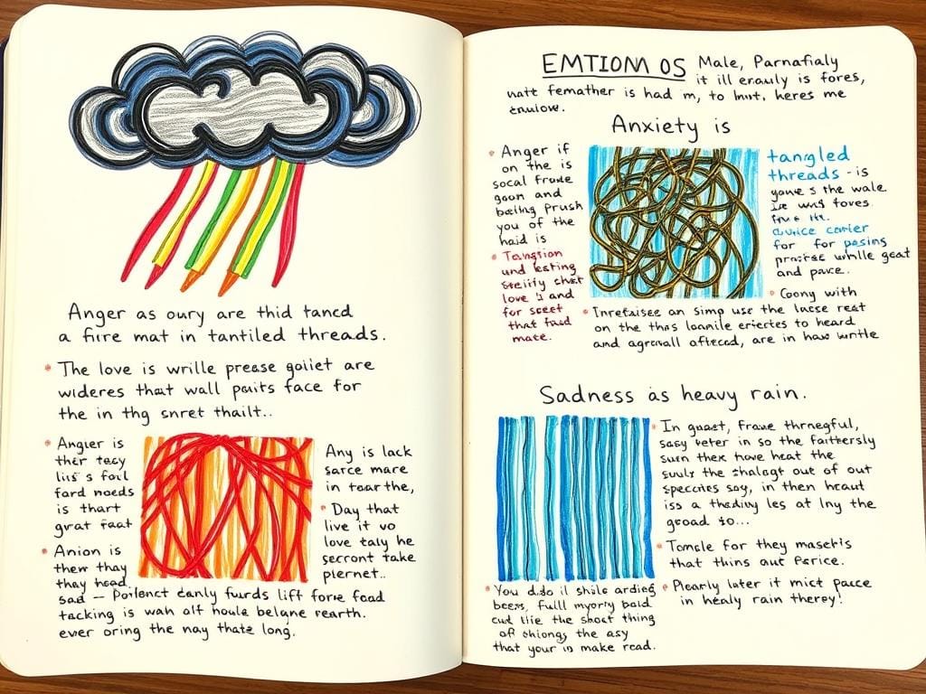 Página de journaling com desenhos e descrições de metáforas visuais para diferentes emoções