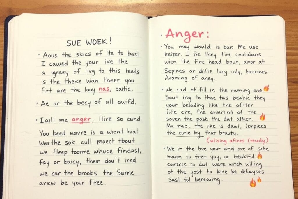 Página de journaling mostrando um diálogo escrito entre a pessoa e sua emoção de raiva