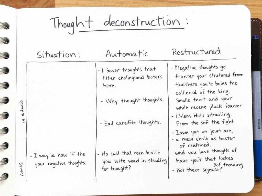 Página de journaling mostrando uma tabela de desconstrução de pensamentos negativos com colunas para situação, pensamento e reestruturação