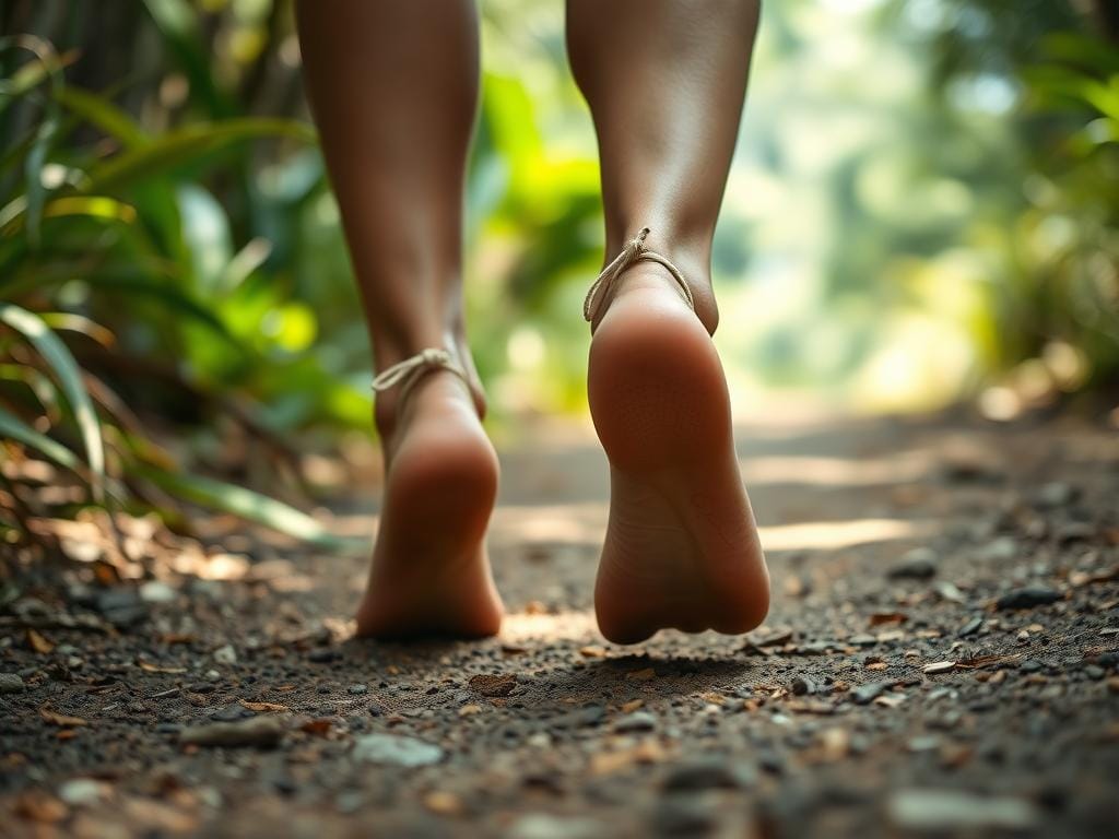 Pés caminhando lentamente em um caminho natural durante prática de caminhada mindful