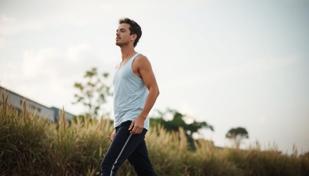 Pessoa caminhando lentamente com foco na respiração durante prática de caminhada mindful