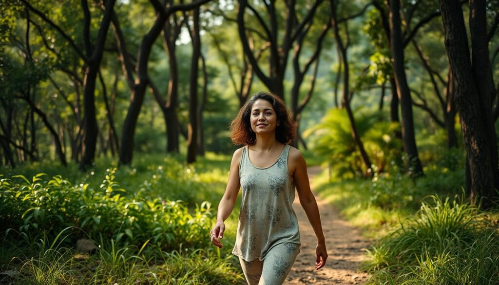 Pessoa caminhando mindful em meio à natureza com expressão serena