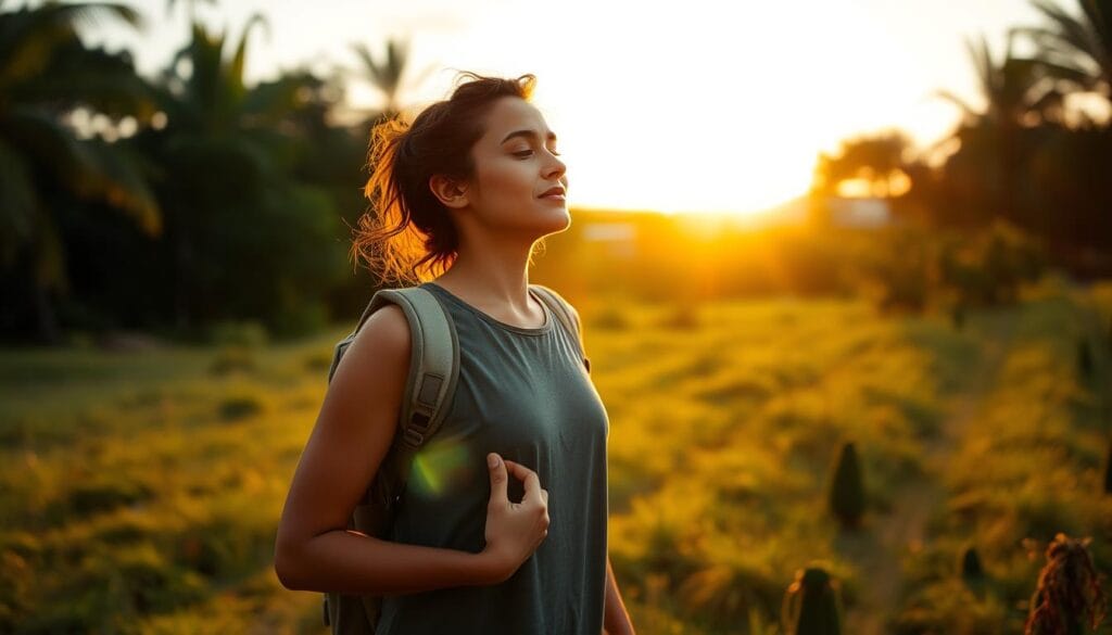 Pessoa concluindo prática de caminhada mindful com expressão de serenidade