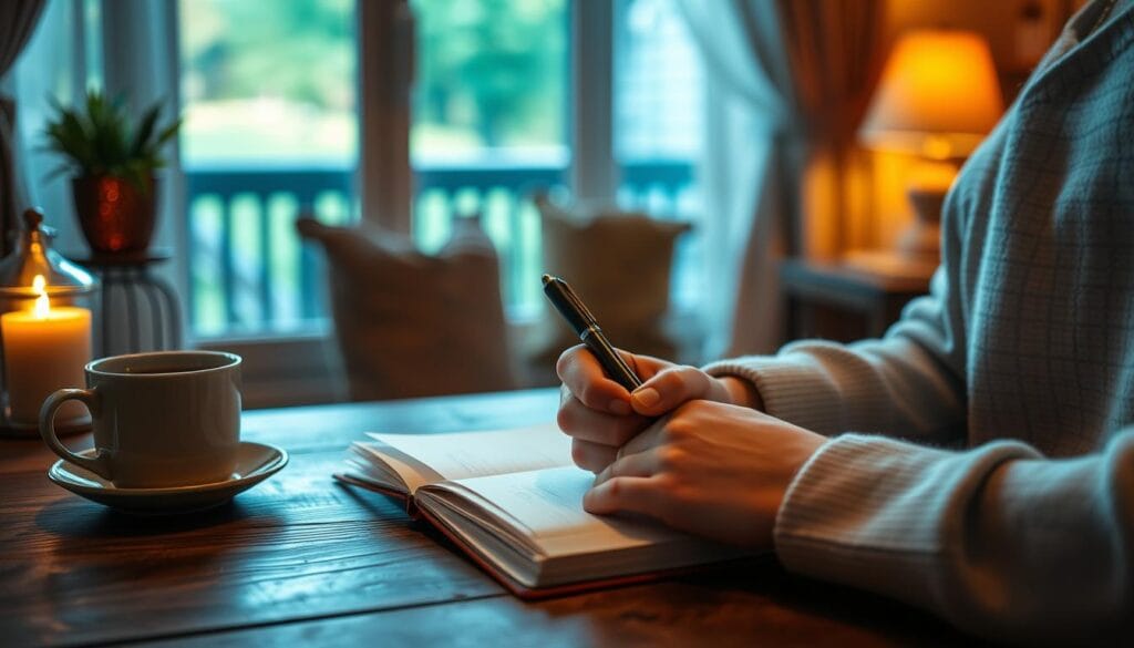 Pessoa escrevendo em um diário de journaling terapêutico com caneta e caderno em um ambiente acolhedor