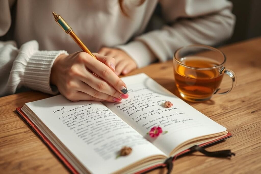 Pessoa escrevendo uma carta de autocompaixão em um caderno de journaling terapêutico com elementos decorativos