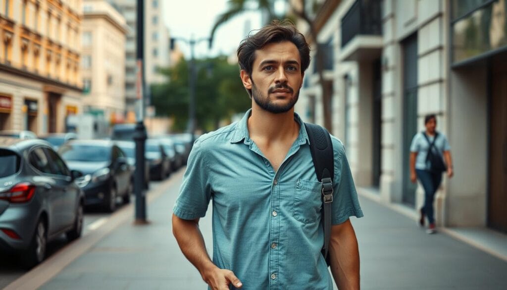 Pessoa integrando caminhada mindful na rotina diária em ambiente urbano