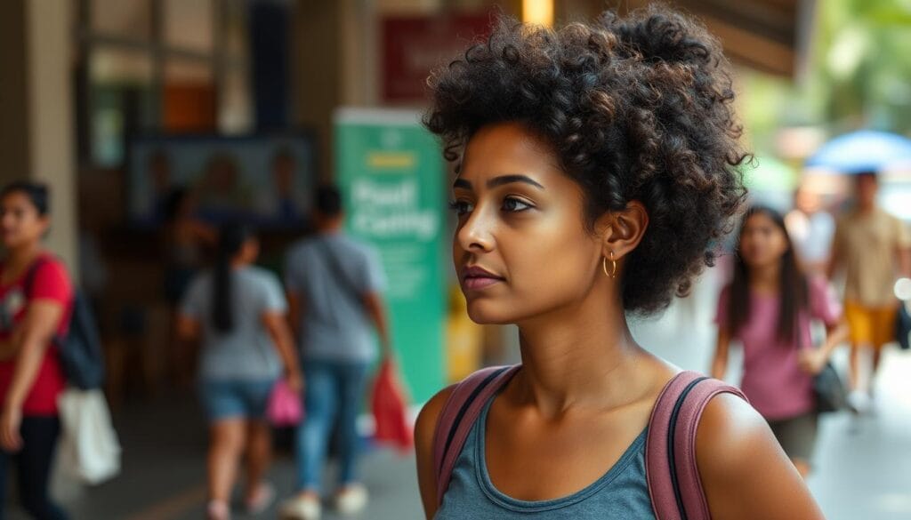 Pessoa mantendo foco durante caminhada mindful em ambiente com distrações