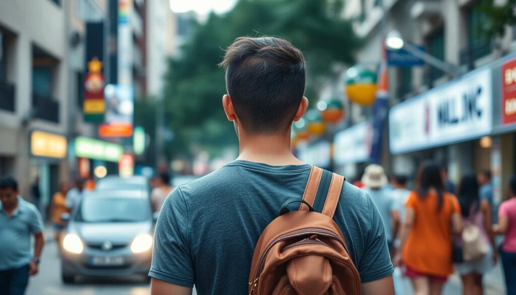 Pessoa praticando caminhada mindful em ambiente urbano movimentado