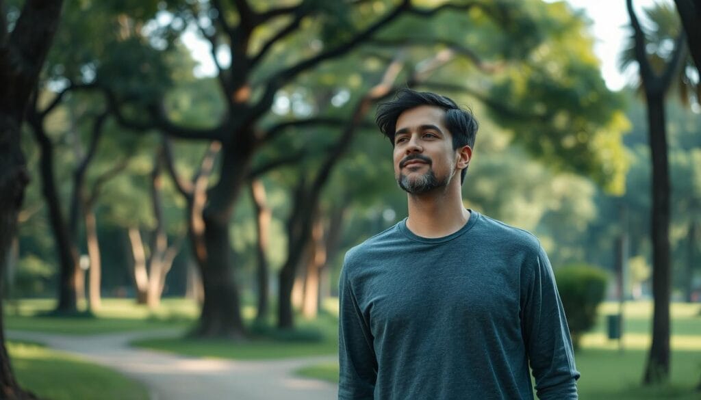 Pessoa praticando caminhada mindful em um parque arborizado