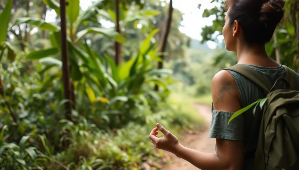 Pessoa praticando caminhada mindful observando atentamente a natureza ao redor
