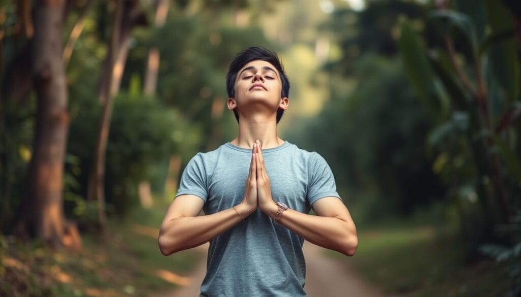 Pessoa praticando exercício de pausa e respiração durante caminhada mindful