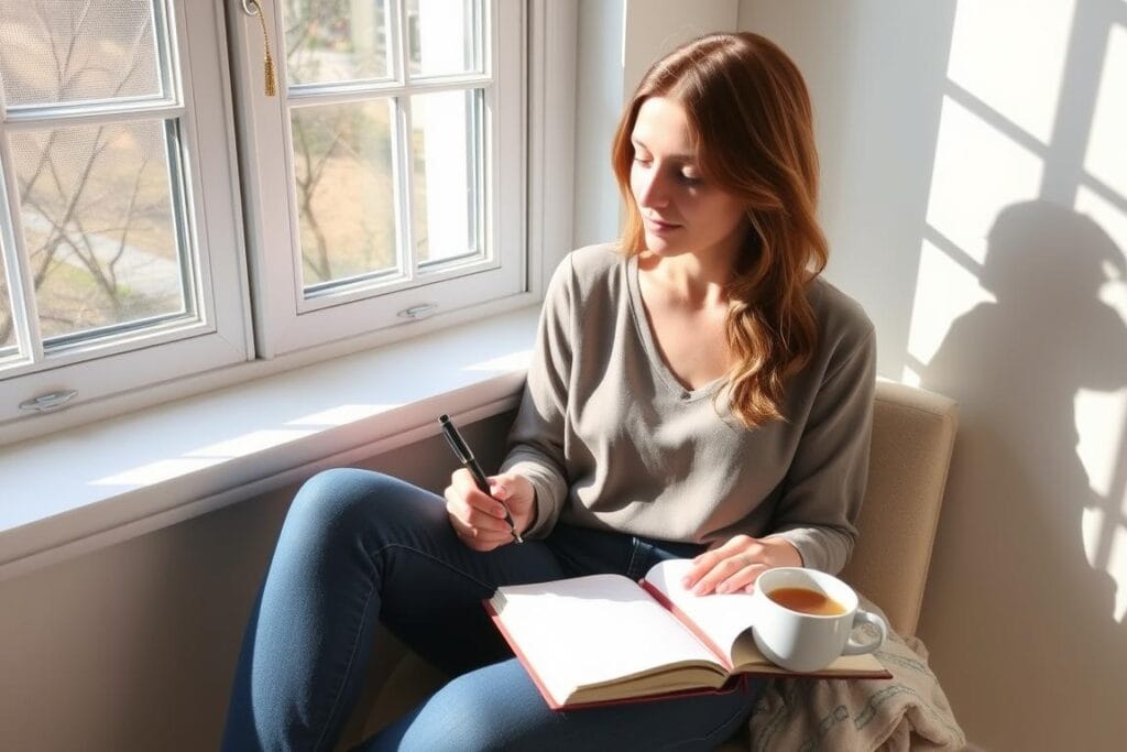 Pessoa praticando journaling terapêutico em um ambiente tranquilo como parte de sua rotina diária