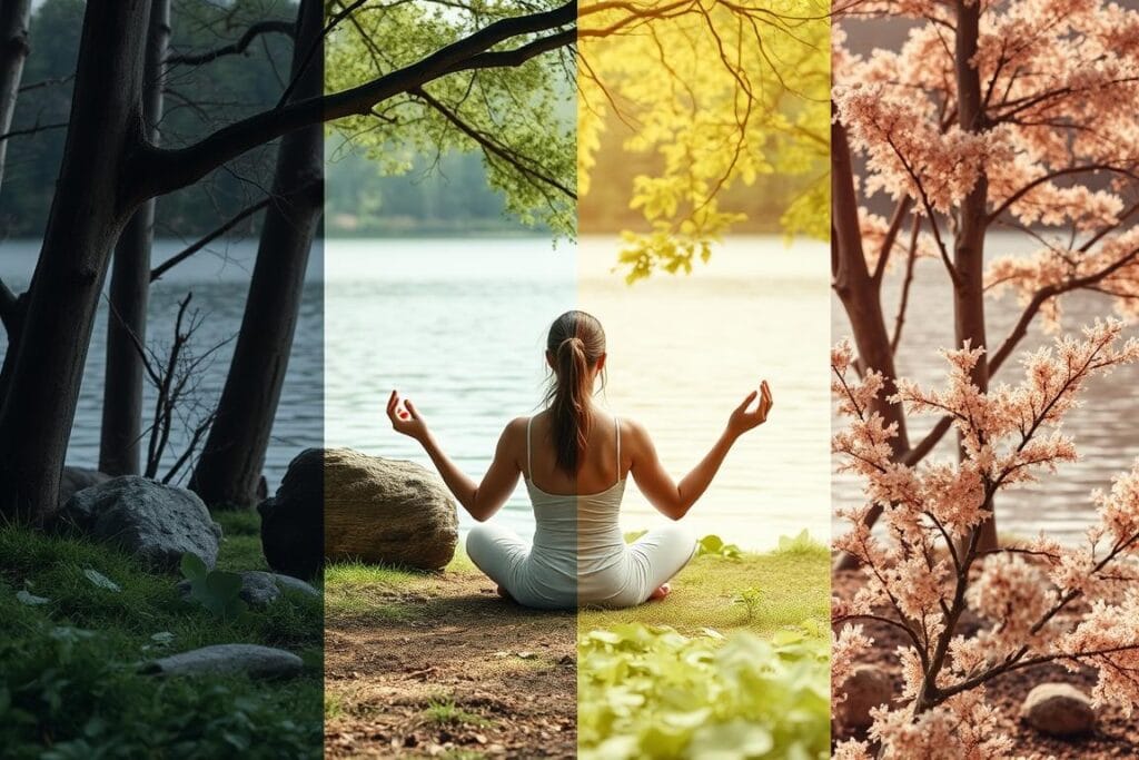 Pessoa praticando ritual de autocuidado em sintonia com a natureza