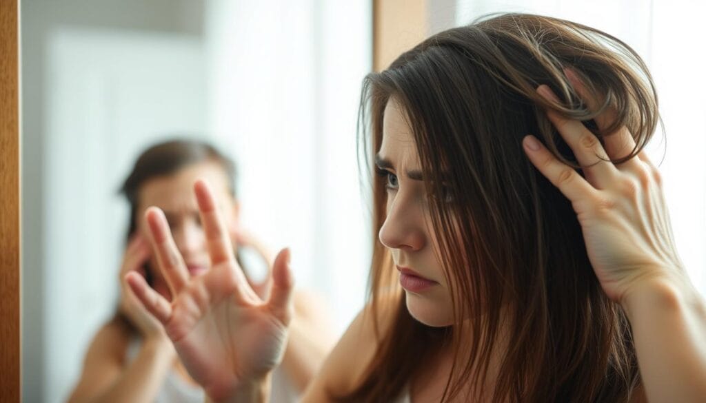 Pessoa preocupada com queda de cabelo olhando no espelho